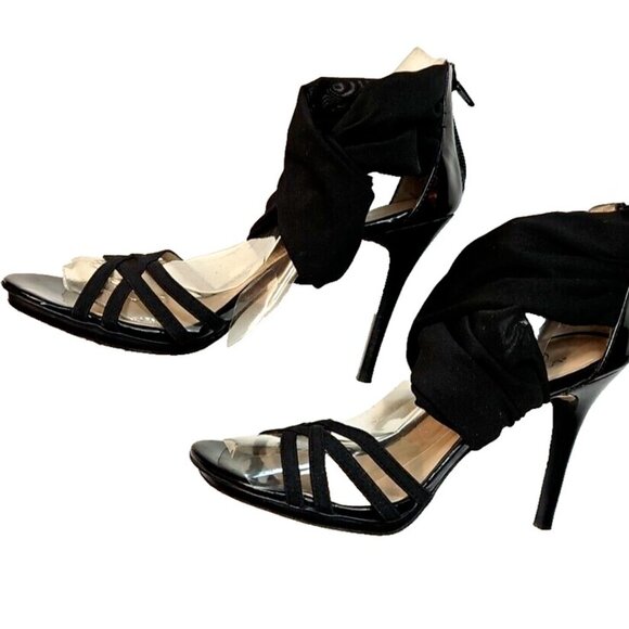 Donald J Pliner Mercy Black Patent Strappy Zip Fabric Ankle Wrap Heels Women 6.5 - Picture 6 of 10